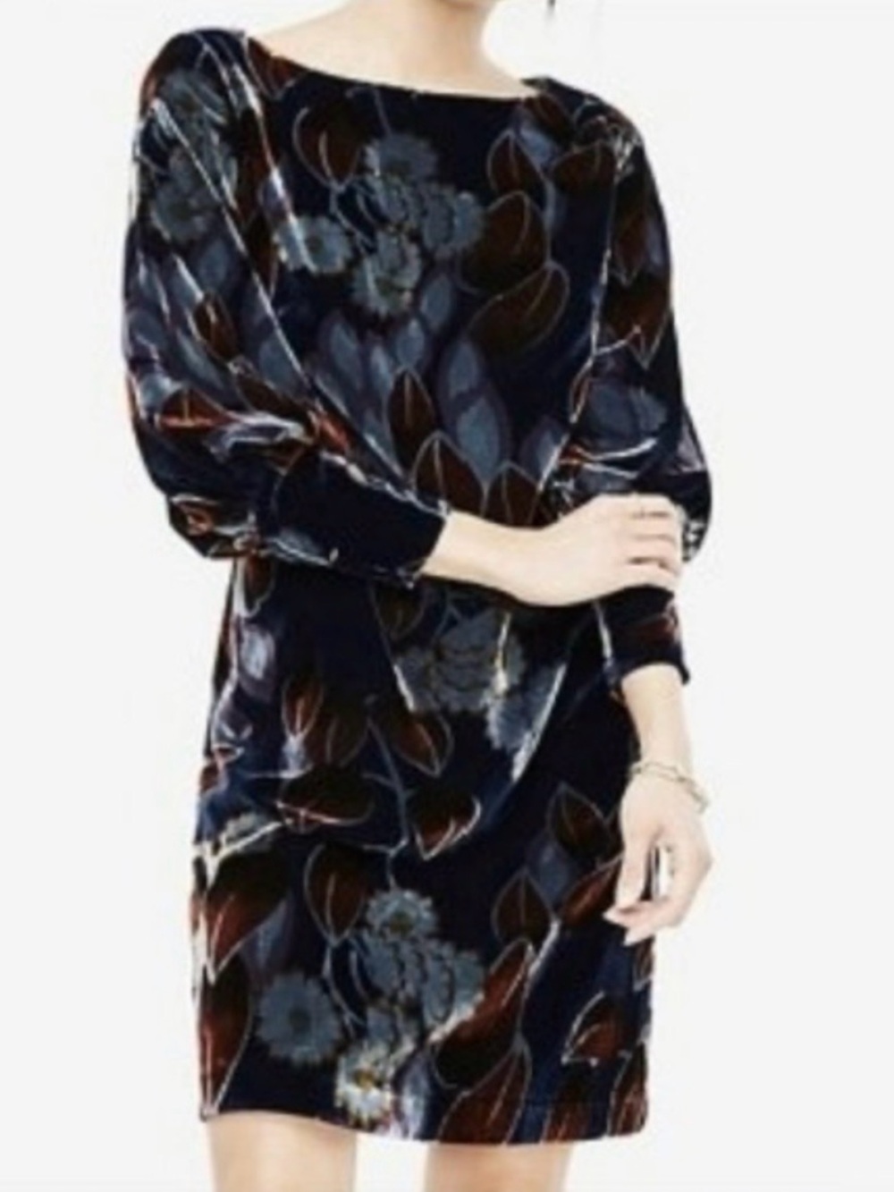 Ann Taylor Cuffed Floral Velvet Shift Dress Boatneck Long Sleeve 12